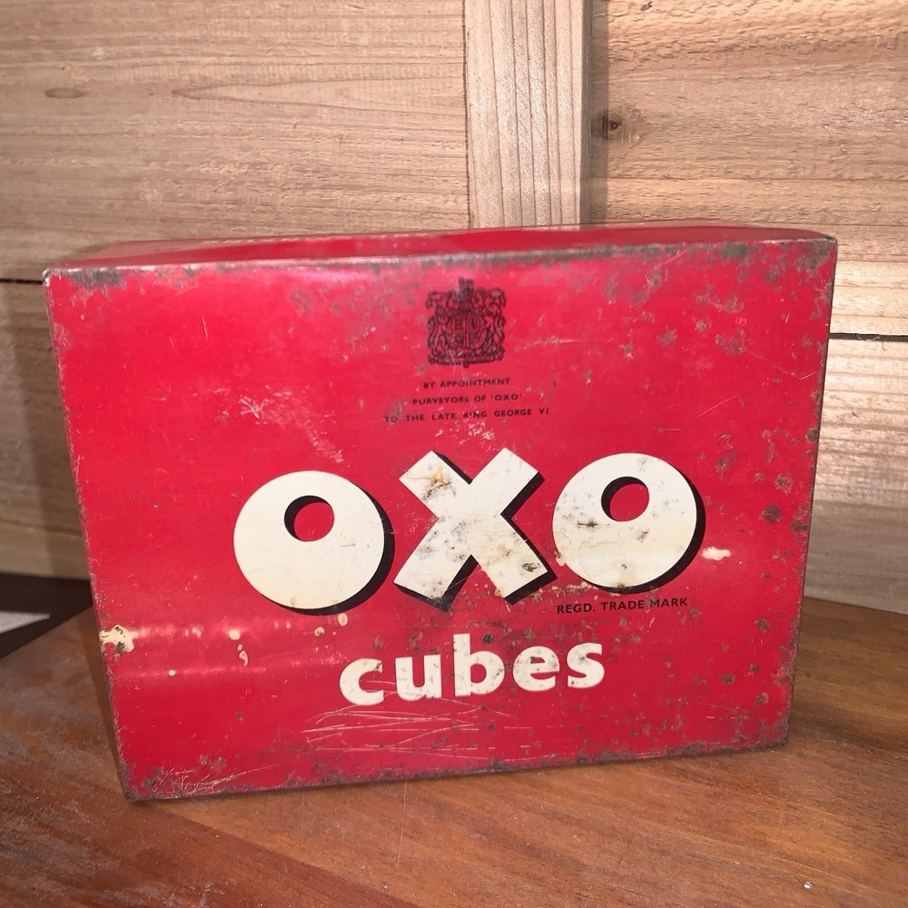 Vintage Old OXO Cubes Red Metal Tin Box & Lid King George VI Collectible Cooking